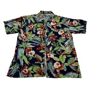 Untied Floral Hawaiian Mens Button Up Shirt Large Navy Blue 100% Silk Tropical